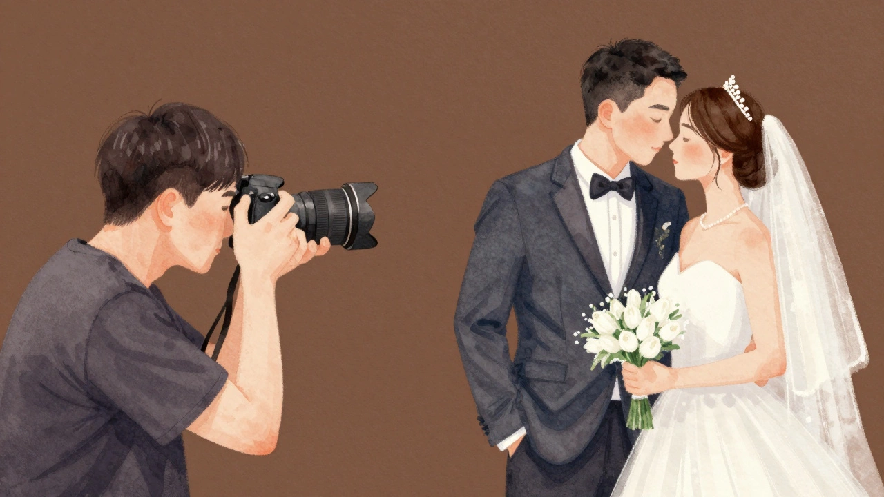 Couple photographed against brown backdrop with washed-out skin tones