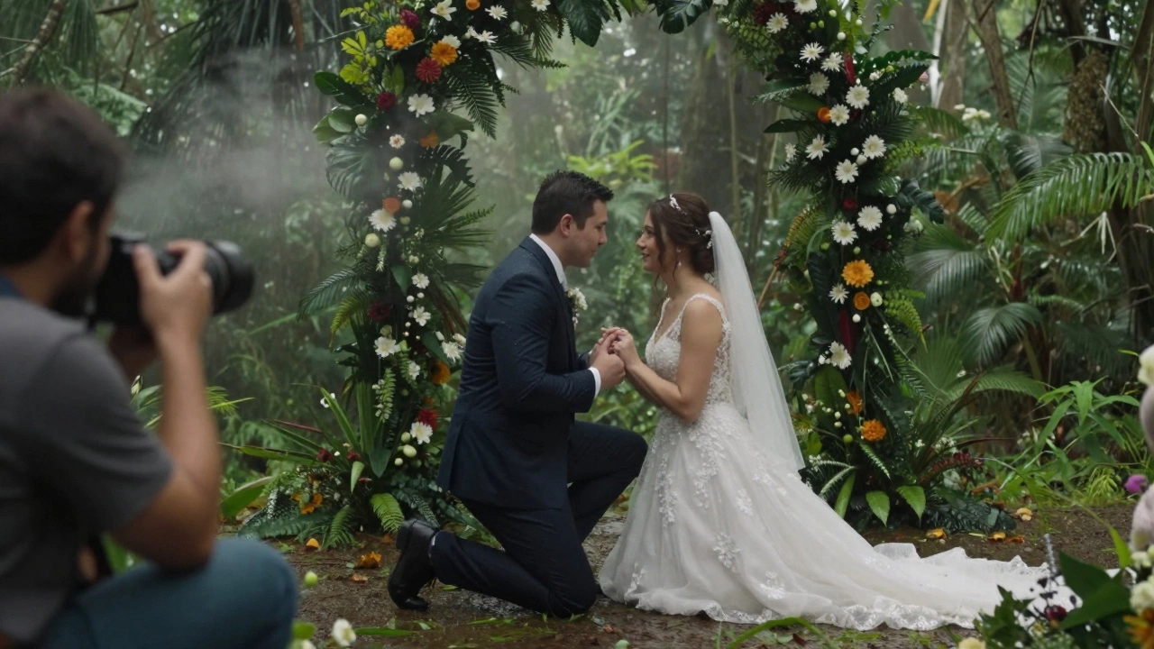 Couples shares a tender glance in a rainforest wedding as mist surrounds them.