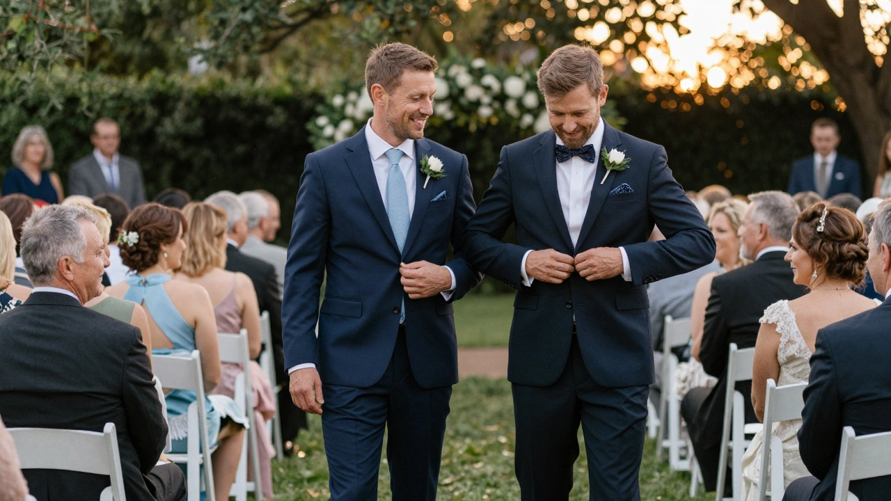 Father of the groom in navy suit adjusting his jacket beside the groom, surrounded by blurred guests at a garden wedding.