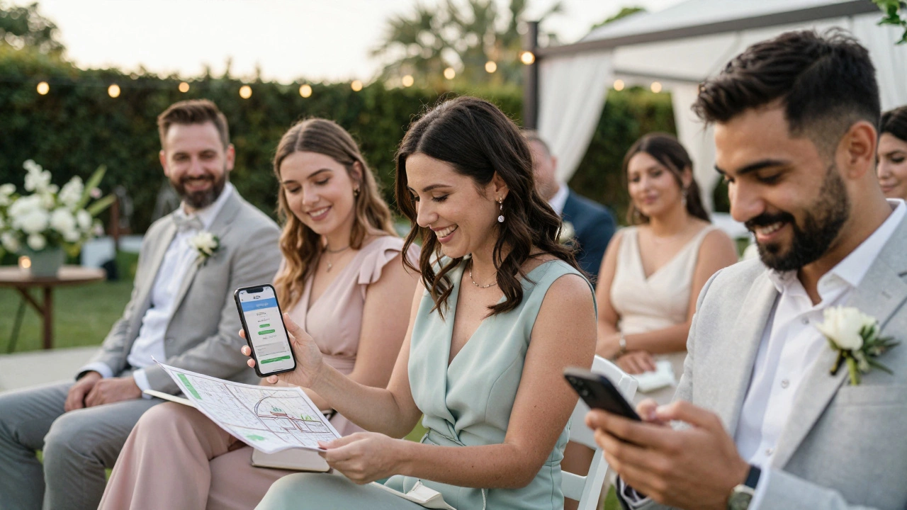 Guests smiling at a wedding venue, one checking a smartphone RSVP, another holding a venue map.