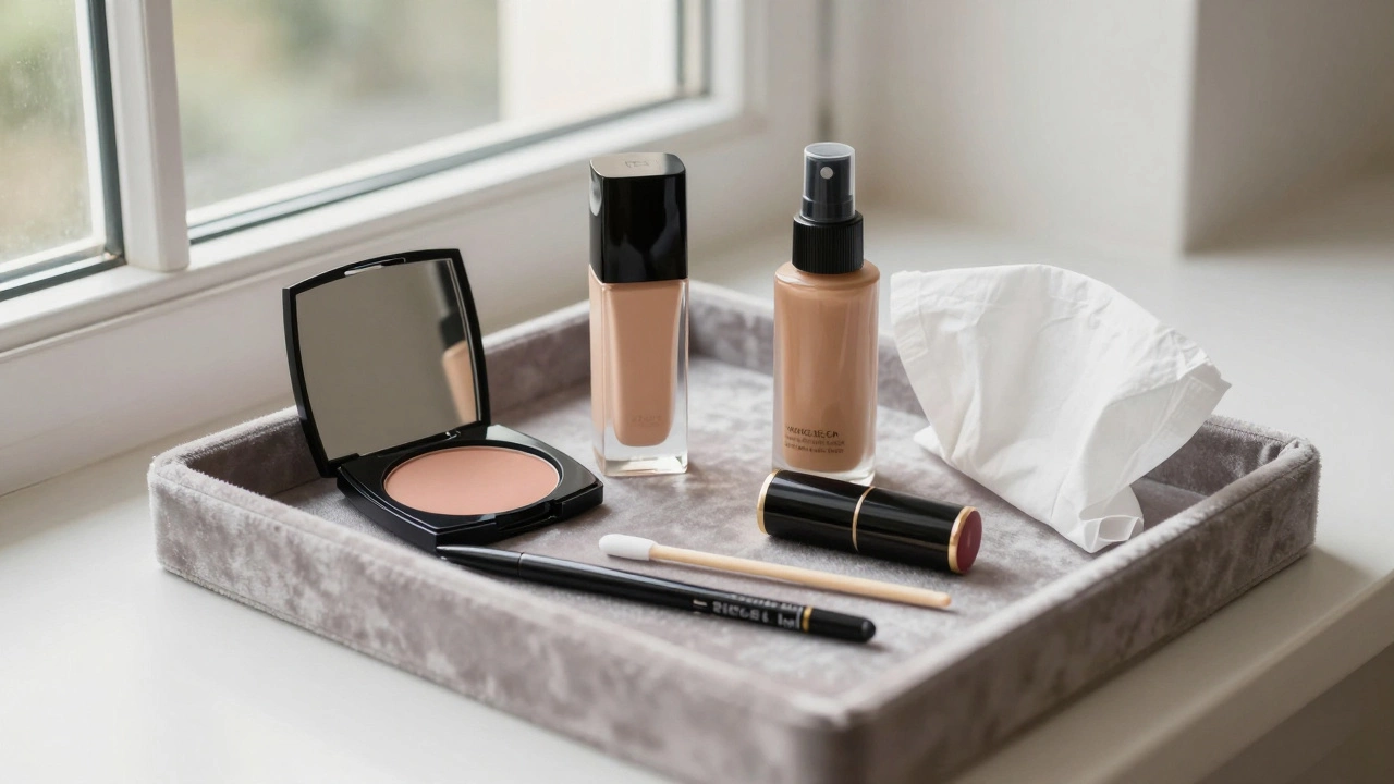 Organized bridal makeup kit on velvet tray with travel-sized products and lipstick.