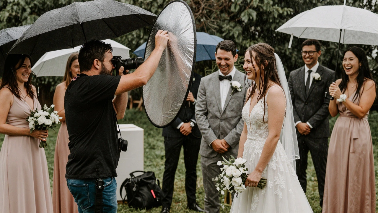Photographer adjusts reflector as rain begins during outdoor wedding ceremony.