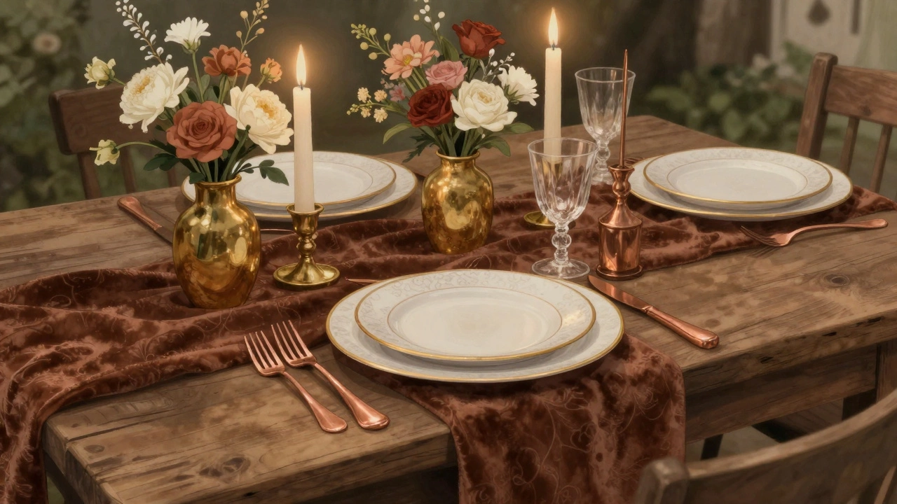 Rustic wedding table with brown velvet runner and copper-gold accents