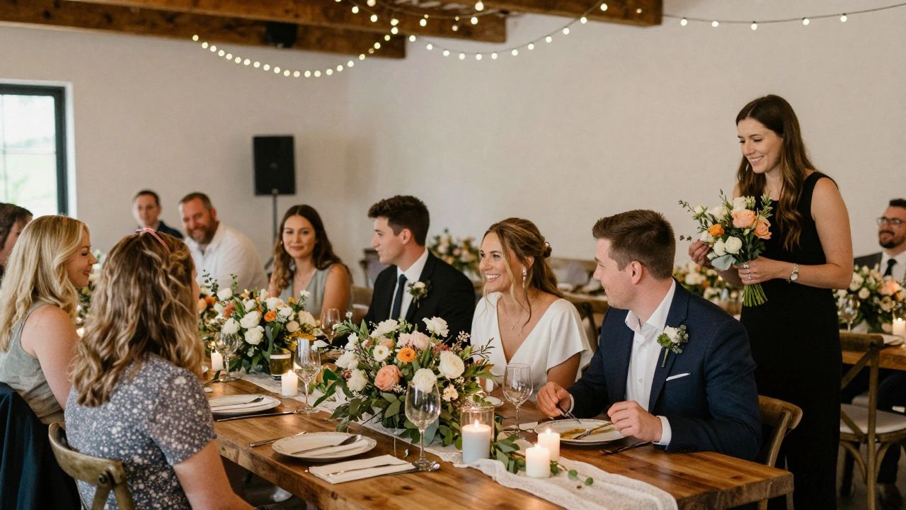 Thursday reception with reused florals and guests dining under string lights.