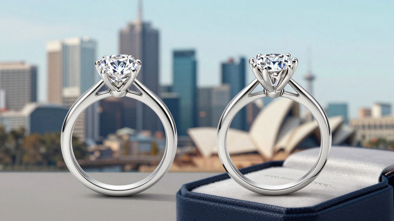 Two engagement rings side by side: one minimalist lab-grown diamond, one branded Tiffany-style solitaire.