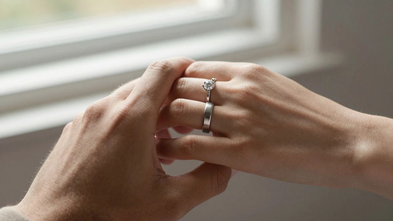 Two interlocked hands showing a diamond engagement ring and a plain wedding band.