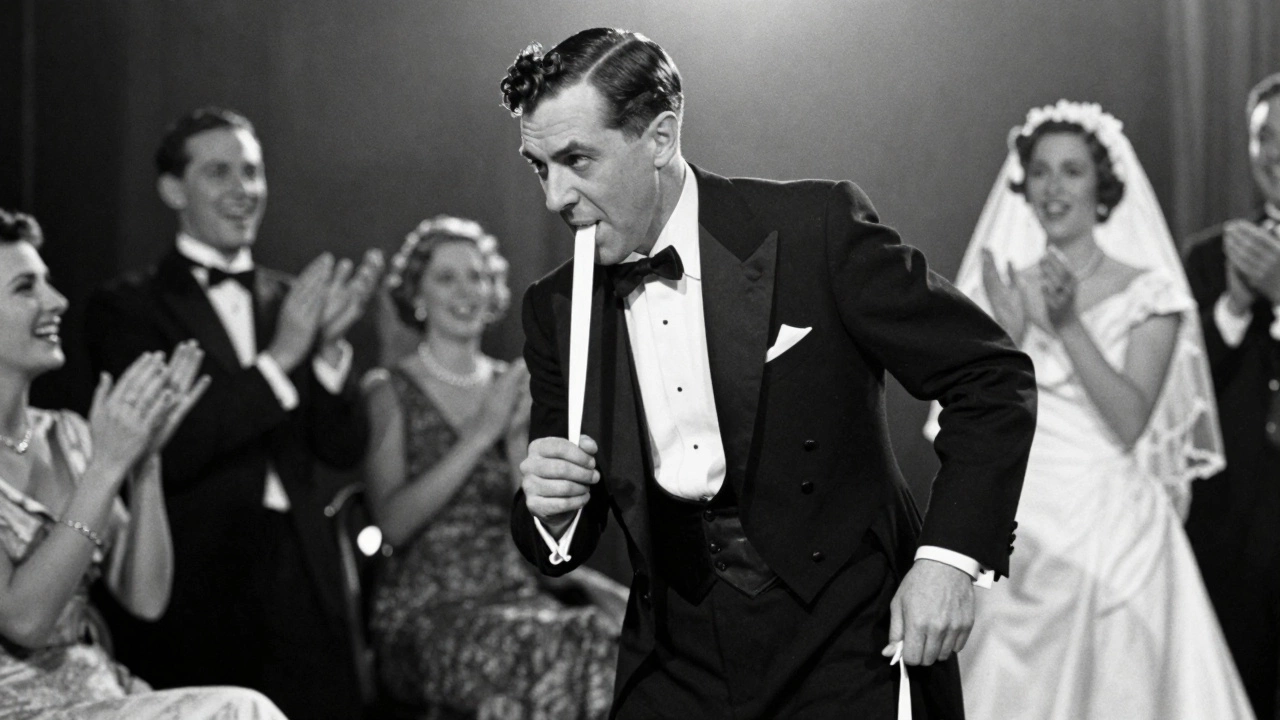 A 1920s groom in a tuxedo removing a silk garter with his teeth under a spotlight while guests laugh.