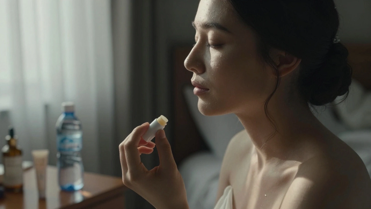 A bride sleeping peacefully with lip balm and water bottle beside her bed.