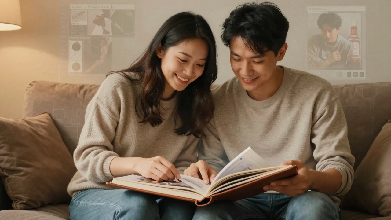 A couple enjoying a wedding album as ghostly raw files fade behind them in soft, warm light.