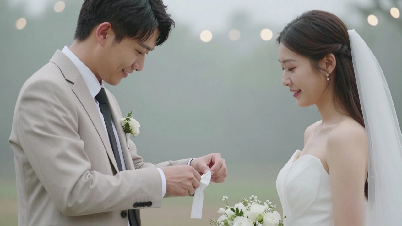 A modern couple sharing a tender smile as the groom gently removes a garter with his hands.