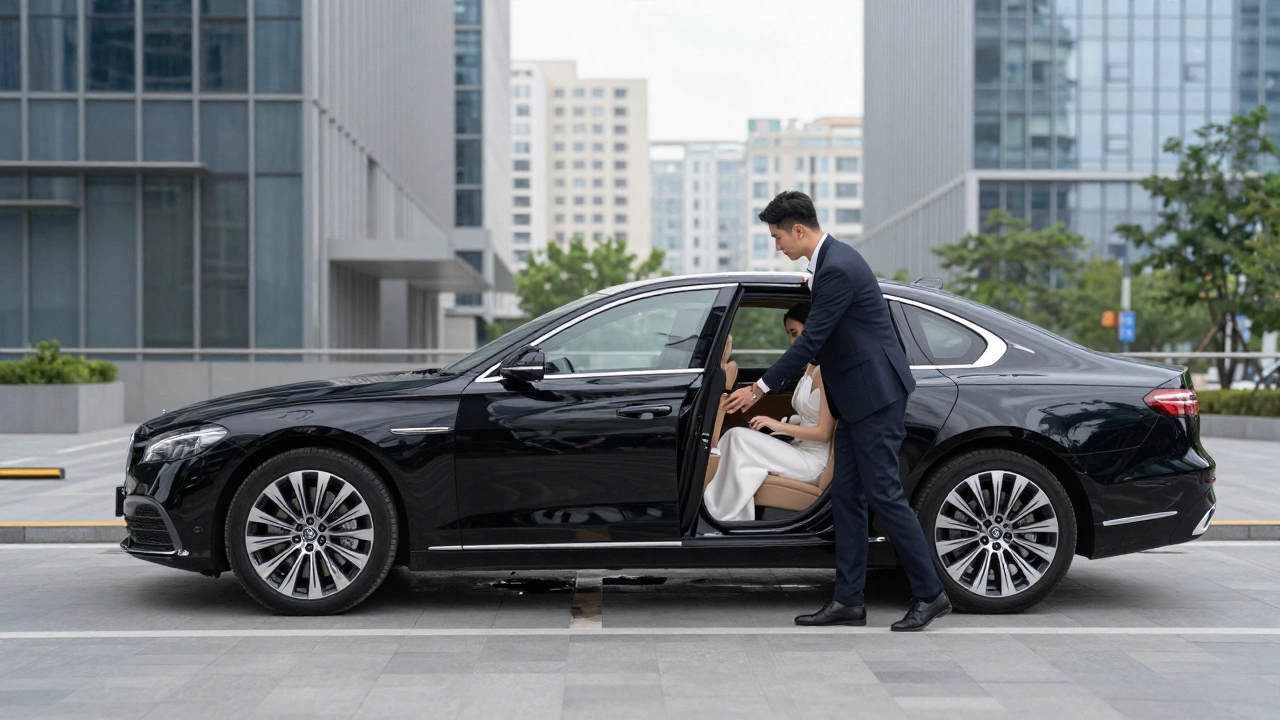 Black luxury hybrid sedan at city drop-off with chauffeur opening door.
