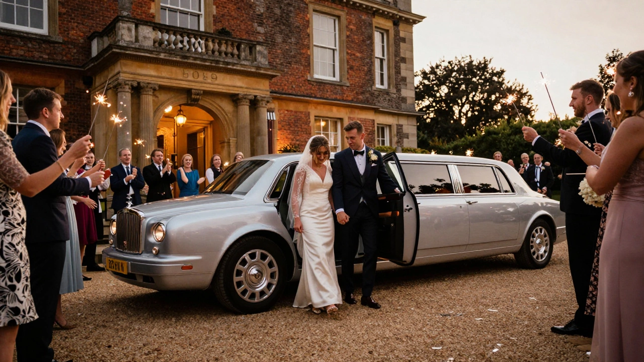 Couple exiting limousine at venue entrance during golden hour celebration.