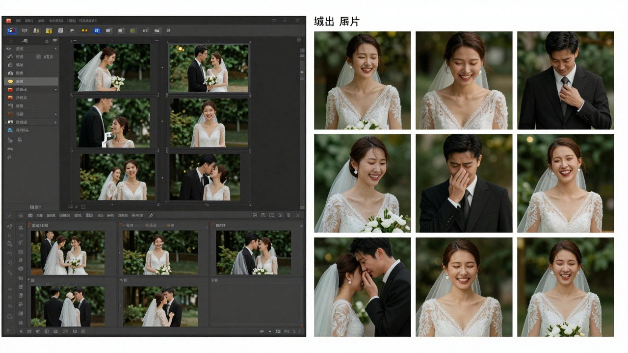 Split-screen showing chaotic raw files on one side and curated edited wedding images on the other.