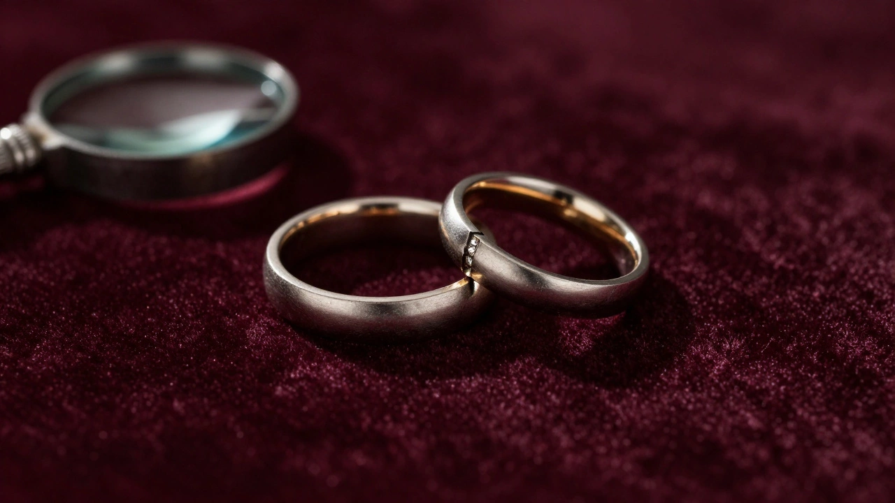 Two rings permanently soldered together resting on dark velvet fabric.
