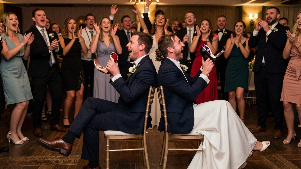 A bride and groom playing the Shoe Game while laughing guests cheer around them.