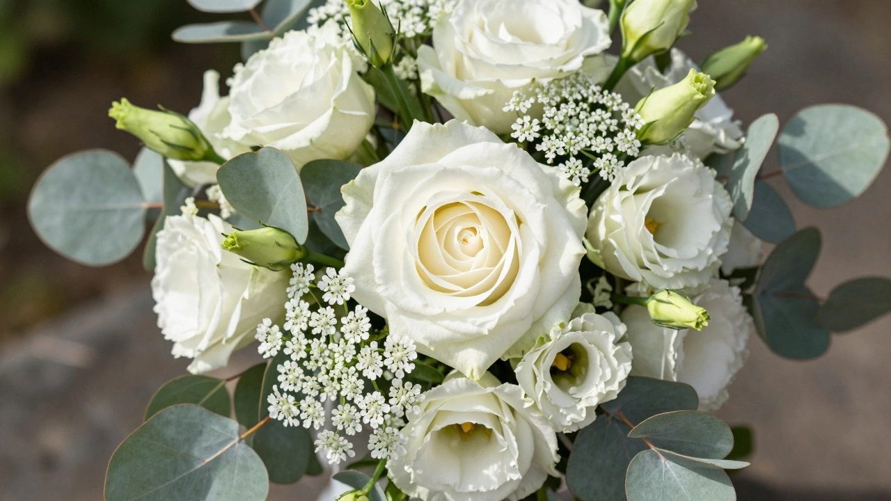 A harmoniously arranged wedding bouquet with a garden rose, lisianthus, and eucalyptus