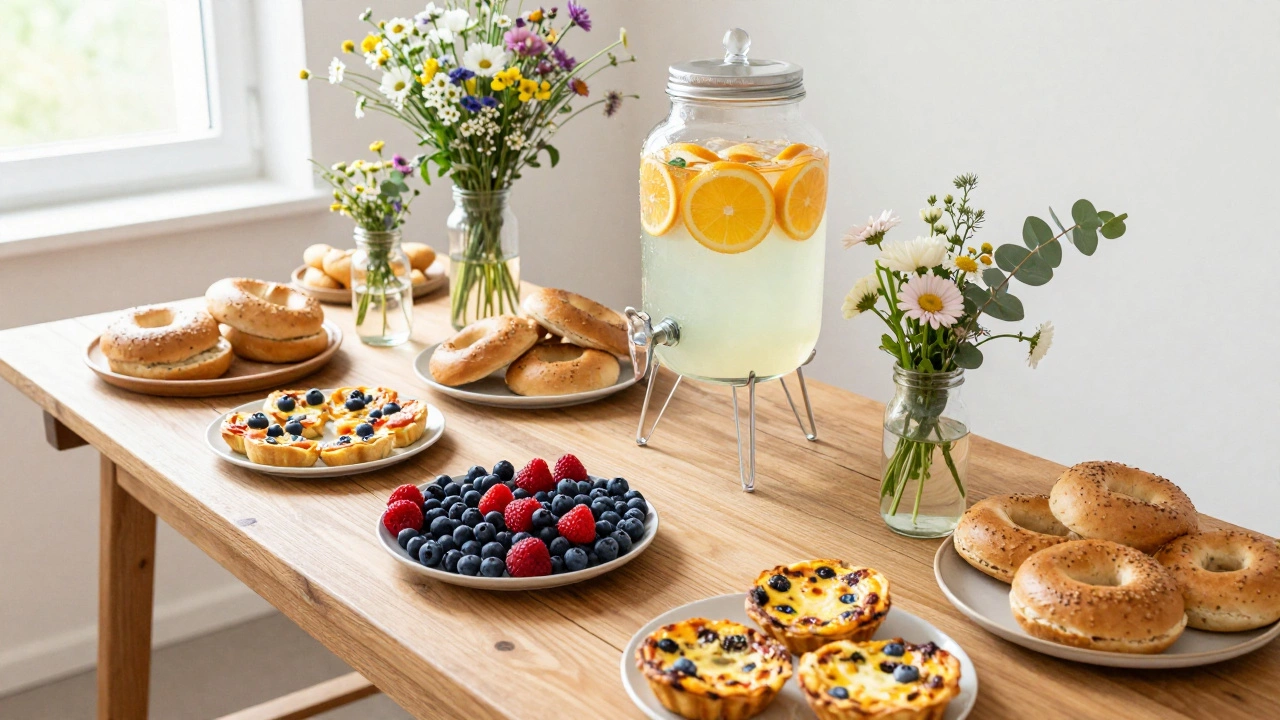 A rustic wedding brunch table featuring bagels, fruit, and wildflowers.