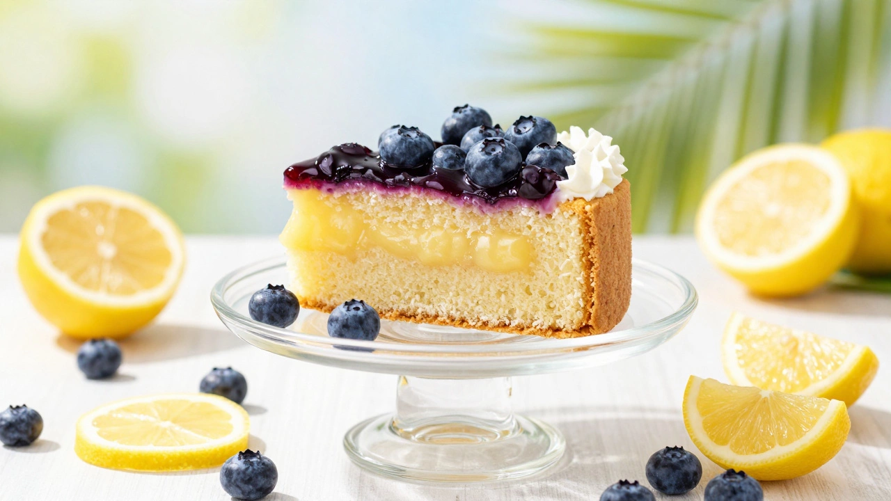 A slice of light chiffon cake with bright yellow lemon curd and purple blueberry compote