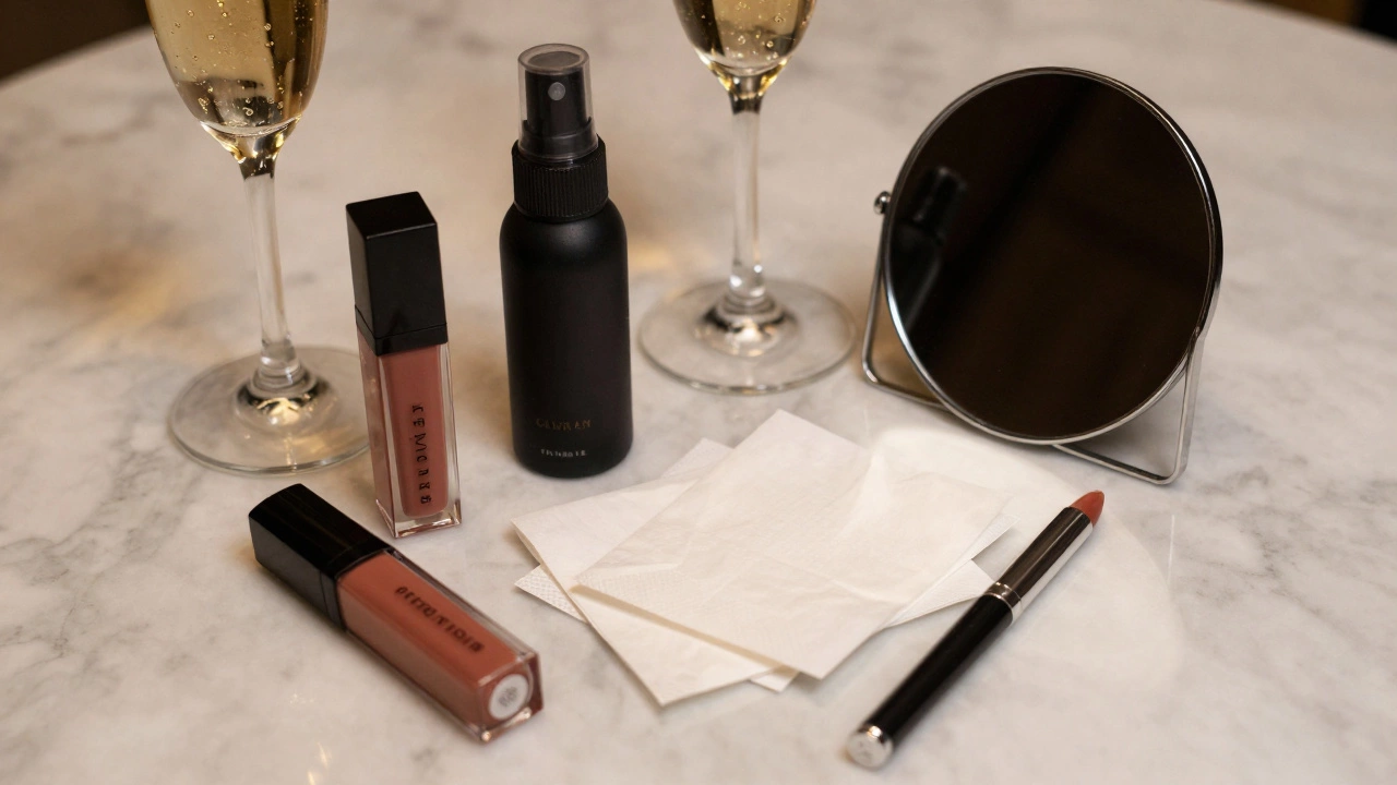 Bridal touch-up kit with liquid lipstick and setting spray on a marble surface next to champagne