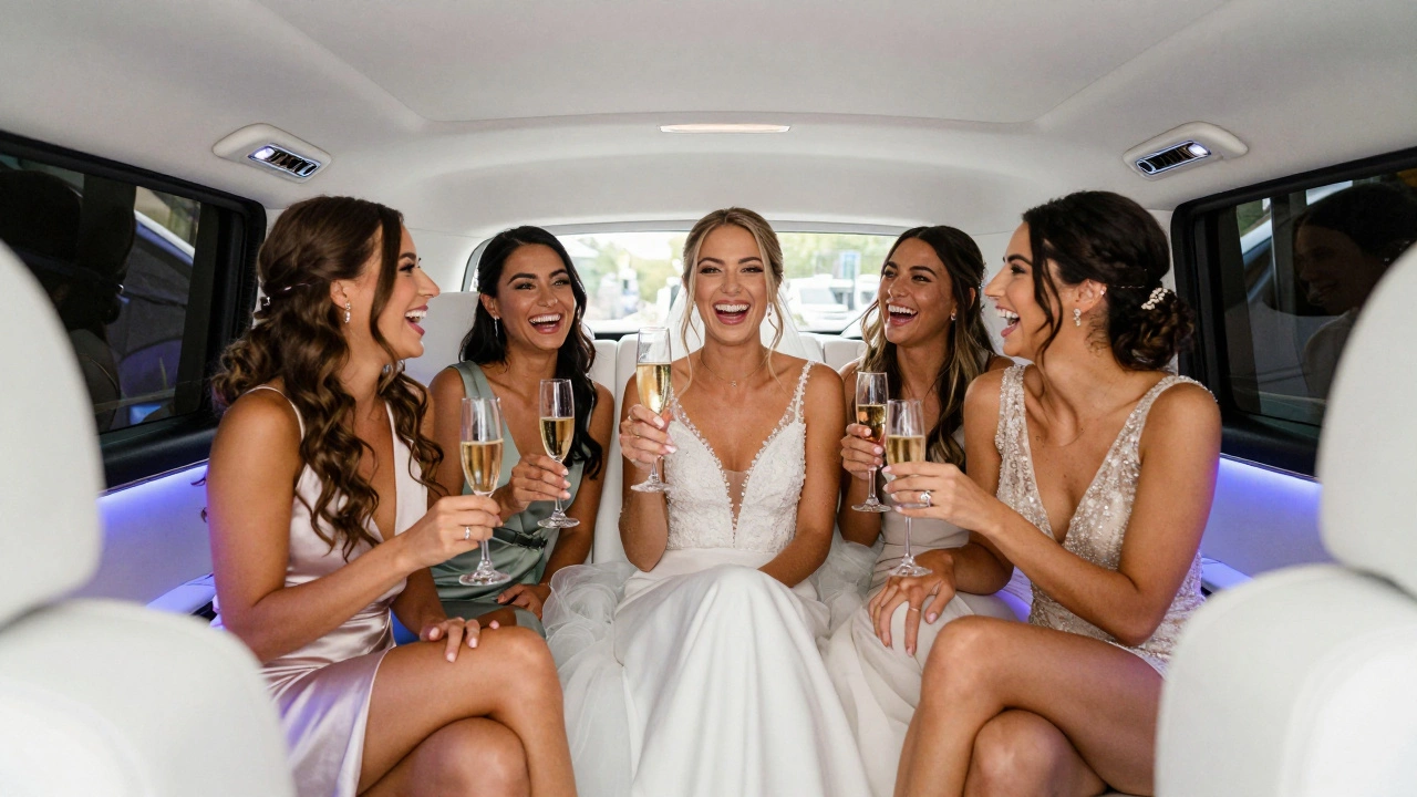 Bride and bridesmaids laughing with champagne inside a luxury stretch limousine