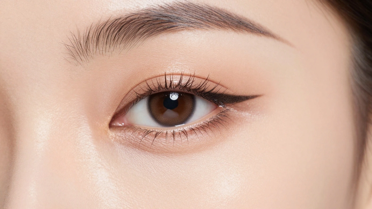 Close-up of a bride's flawless eye makeup with waterproof eyeliner and satin skin finish