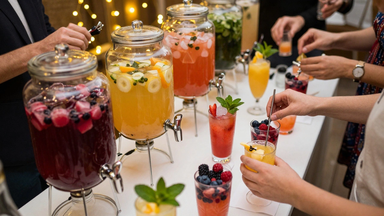 Close-up of a DIY wedding cocktail bar with infused syrups and guests customizing drinks.