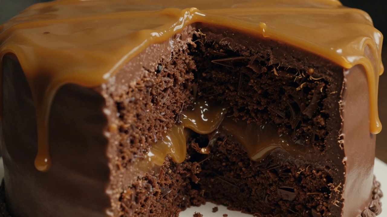Close-up of a wedding cake slice with rich chocolate ganache and golden salted caramel filling