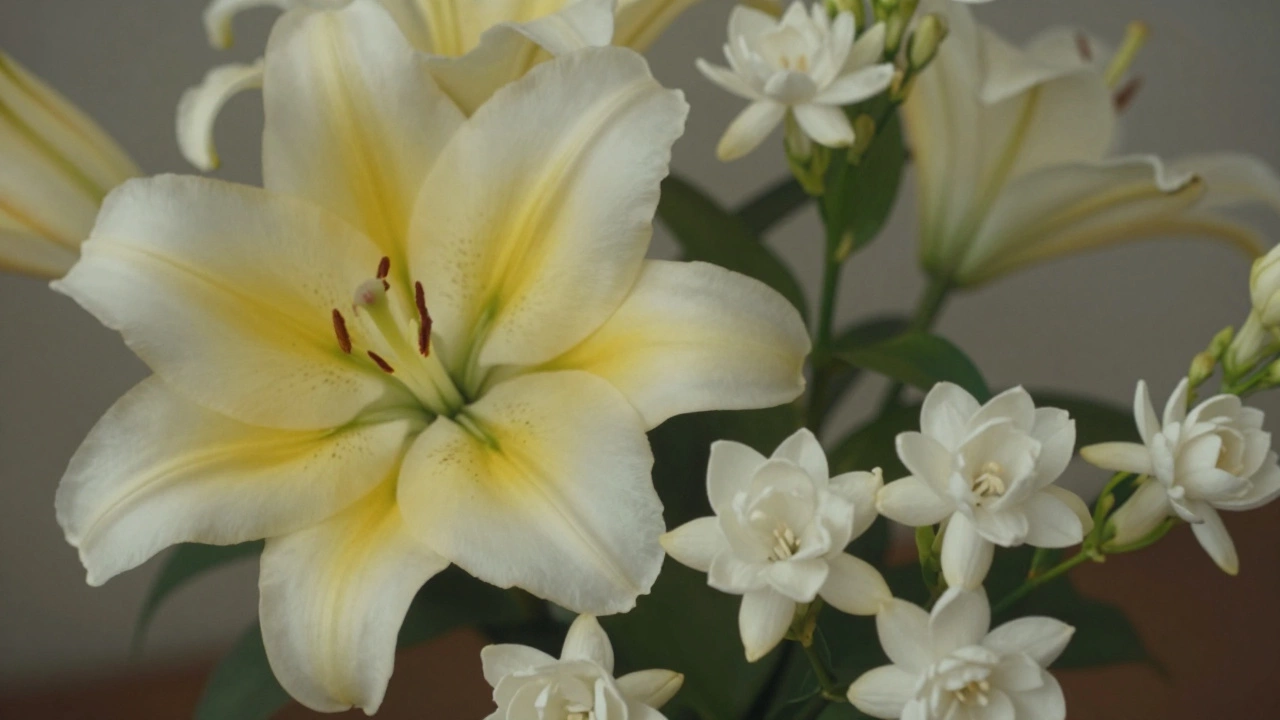 Close-up of an intense floral arrangement featuring oriental lilies and tuberose