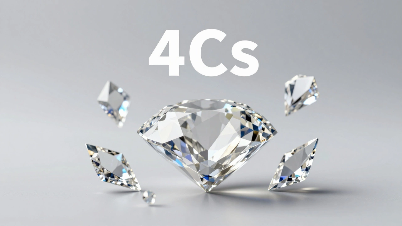 Conceptual representation of a diamond surrounded by symbols of the 4Cs grading criteria.