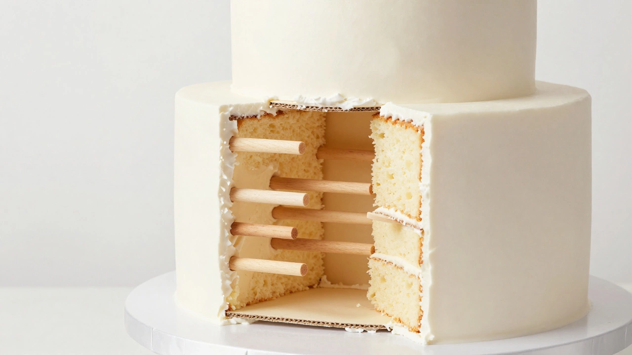 Cross-section of a tiered wedding cake showing internal dowels and support boards.