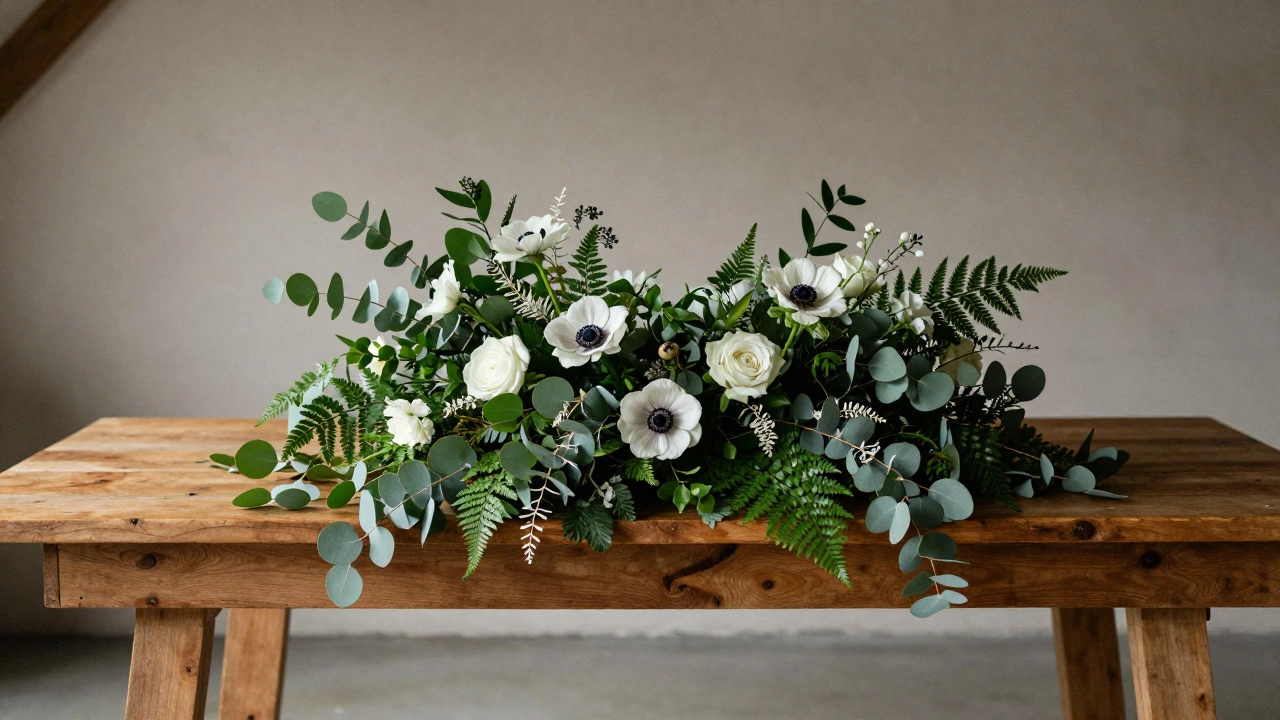 Elegant wedding table arrangement featuring local seasonal greenery and anemones