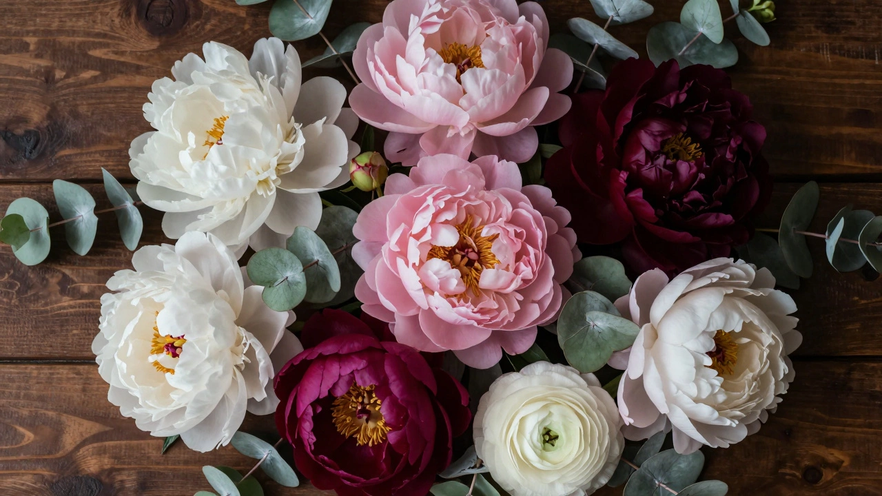 Flat lay of white, pink, and burgundy peonies with eucalyptus and ranunculus.