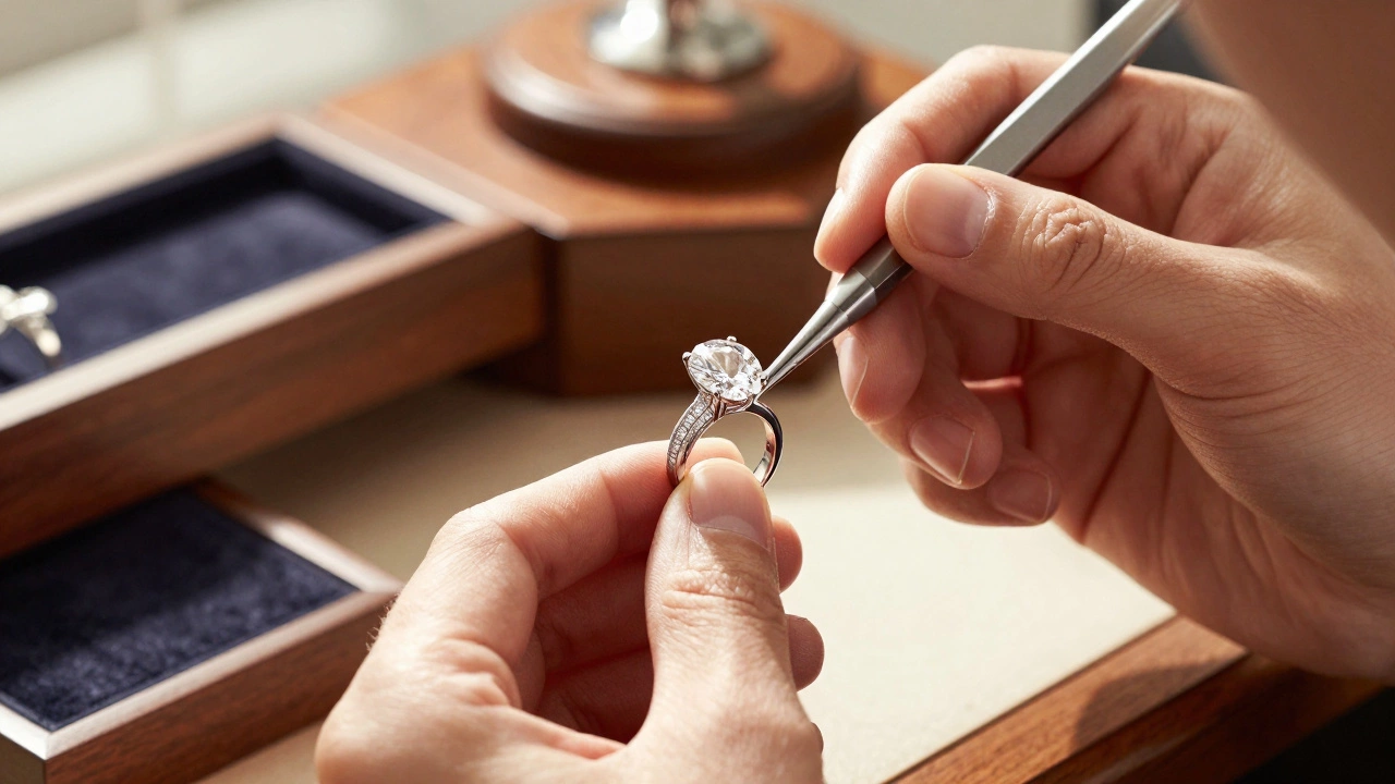 Jeweler setting a large oval-cut diamond into a platinum pavé ring band.