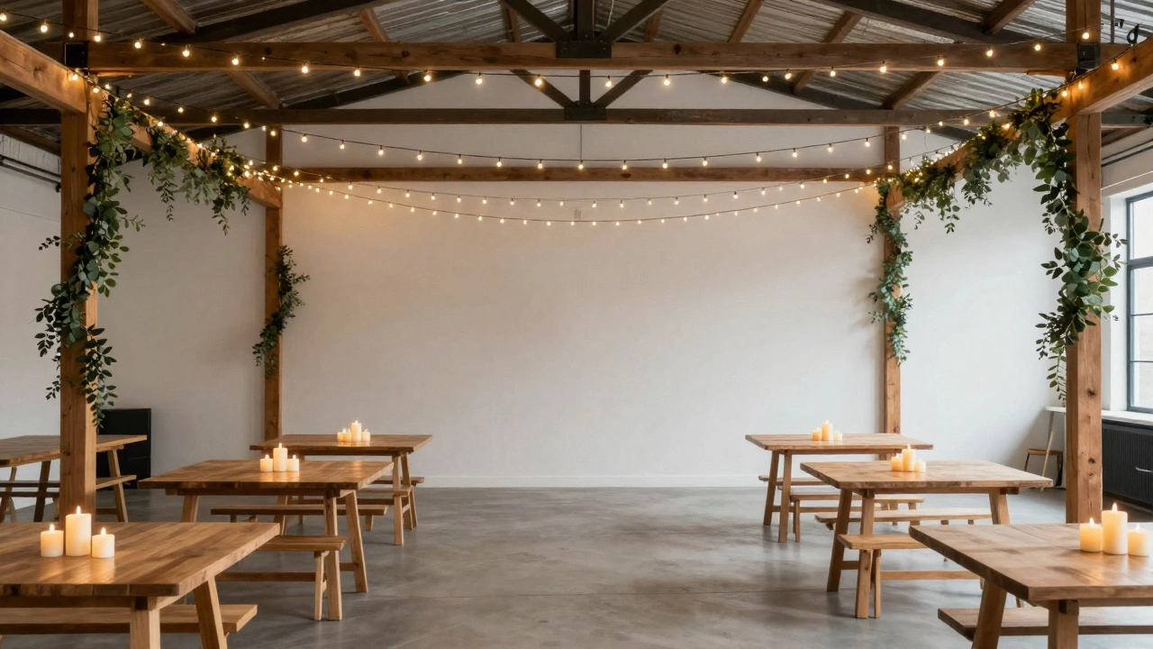Minimalist wedding venue with fairy lights and eucalyptus greenery