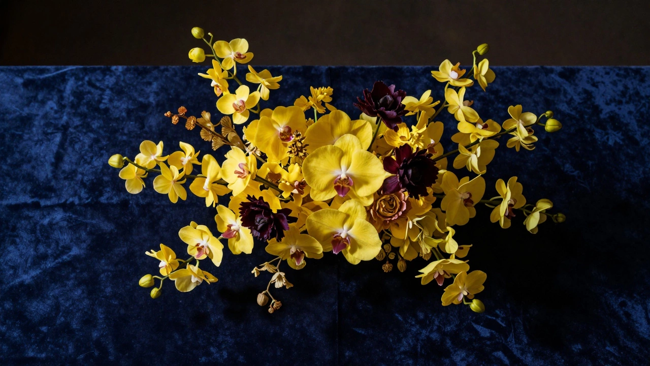 Modern centerpiece with yellow orchids and plum flowers on navy blue velvet