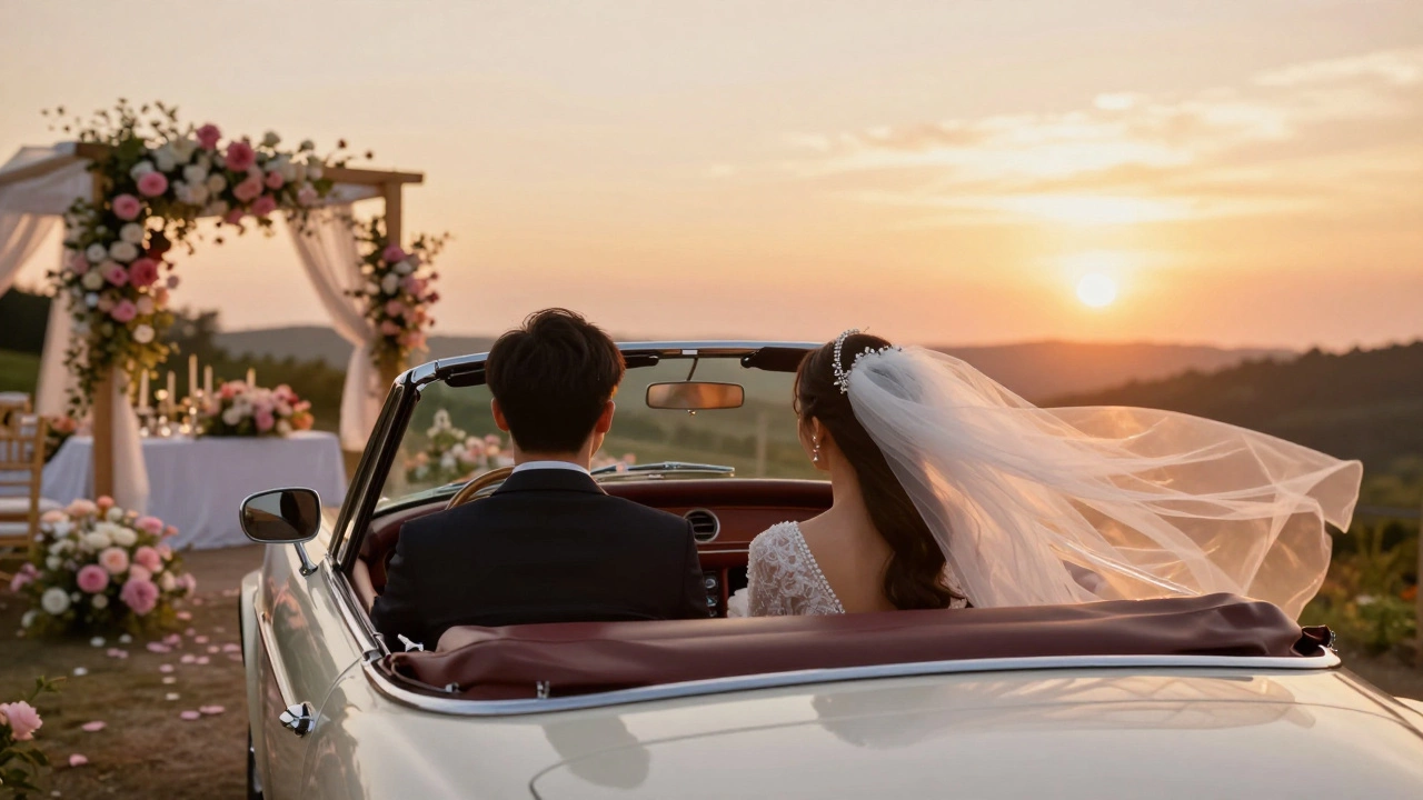 Newlywed couple driving away from their wedding venue in a vintage convertible at sunset