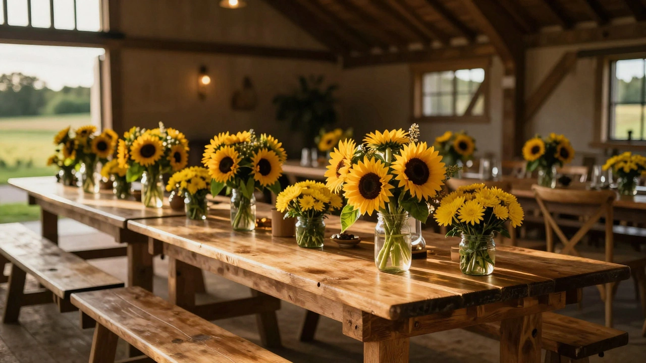 Rustic barn wedding tables decorated with large yellow sunflowers