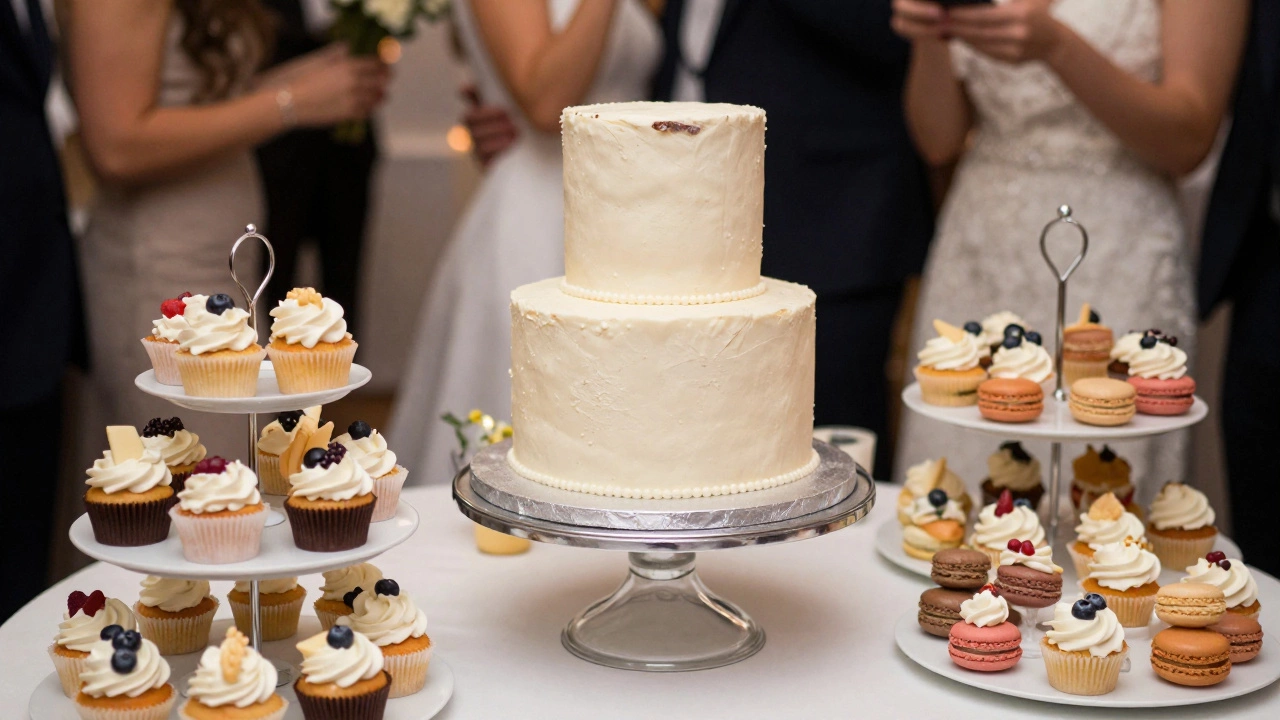 Small wedding cake surrounded by a variety of colorful cupcakes