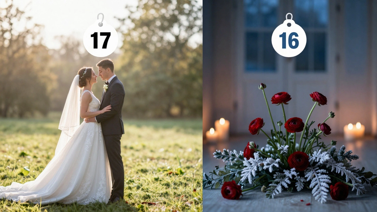 Split screen comparing expensive summer wedding costs versus affordable winter wedding costs