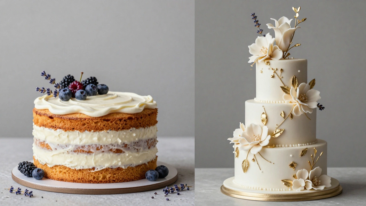 Split view of a rustic naked cake with berries versus a professional cake with sugar flowers.