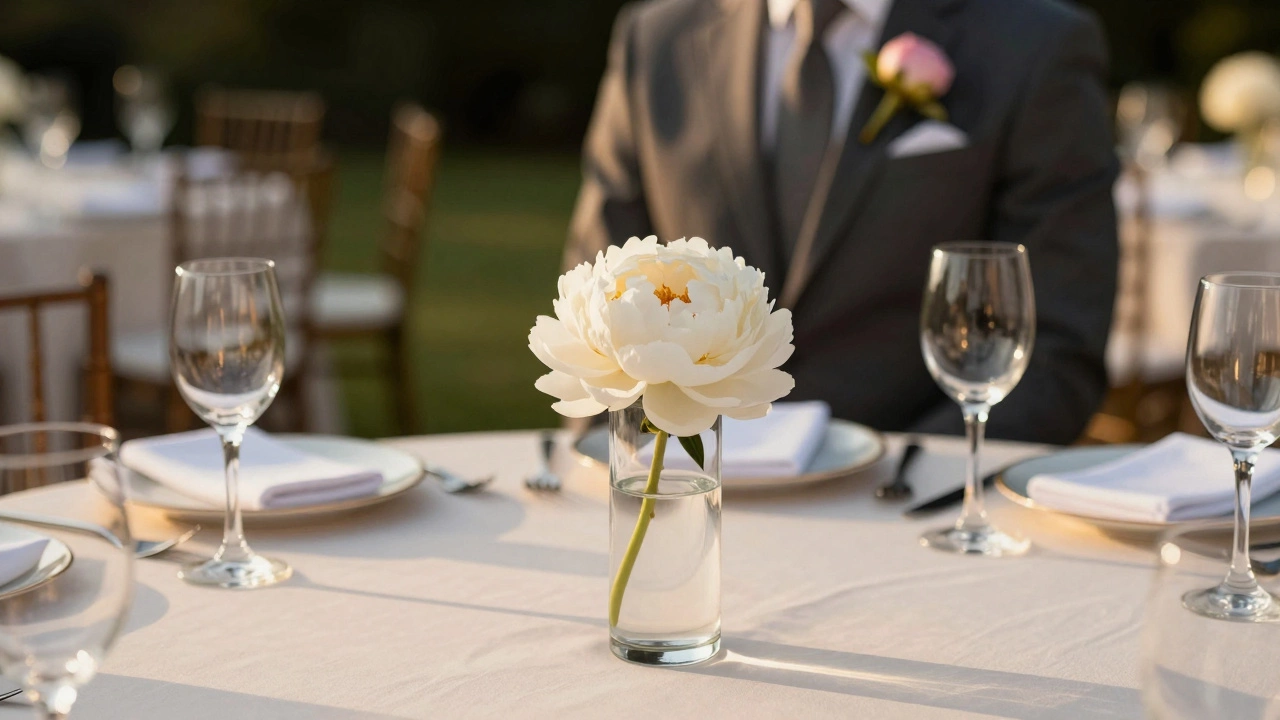 Wedding table with a single white peony in a vase and a groom wearing a peony boutonniere.