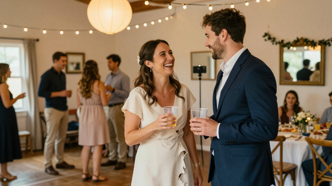 Bride and groom laughing at a cozy, DIY-themed wedding reception