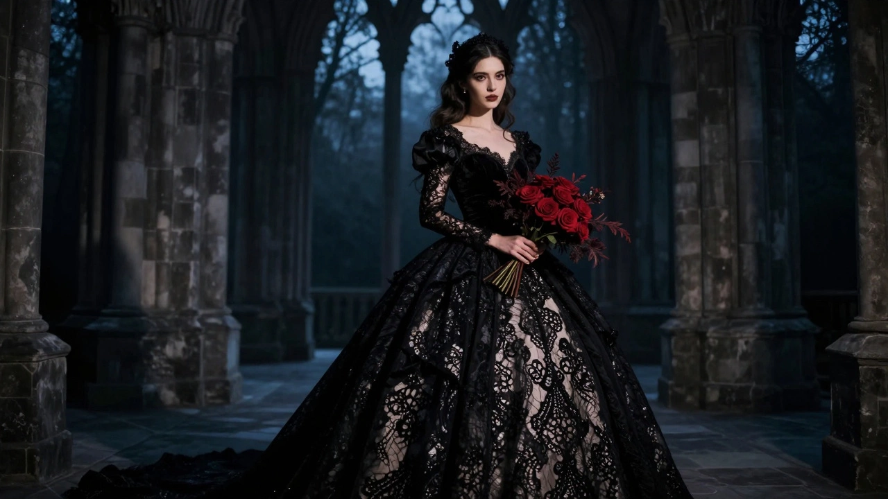 Bride in a dramatic black lace ballgown in a moody cathedral