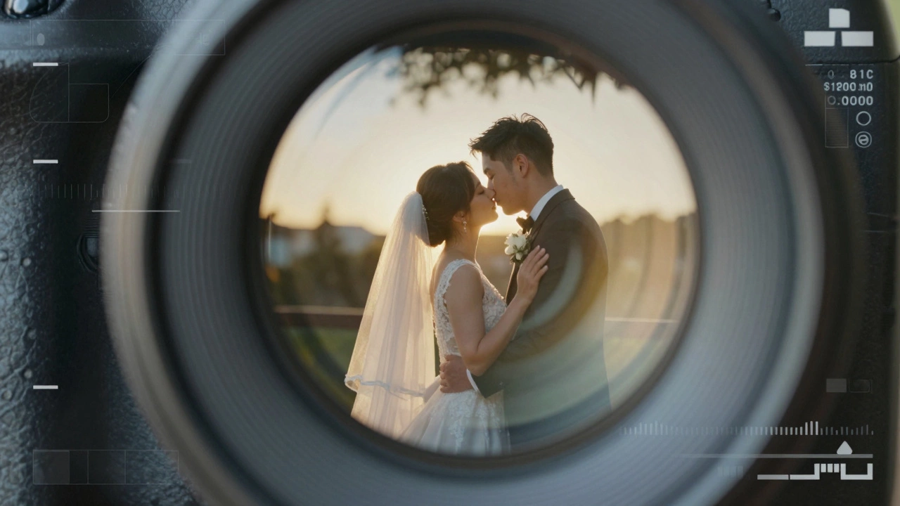 Camera lens reflecting a wedding couple with digital editing overlays symbolizing raw data.