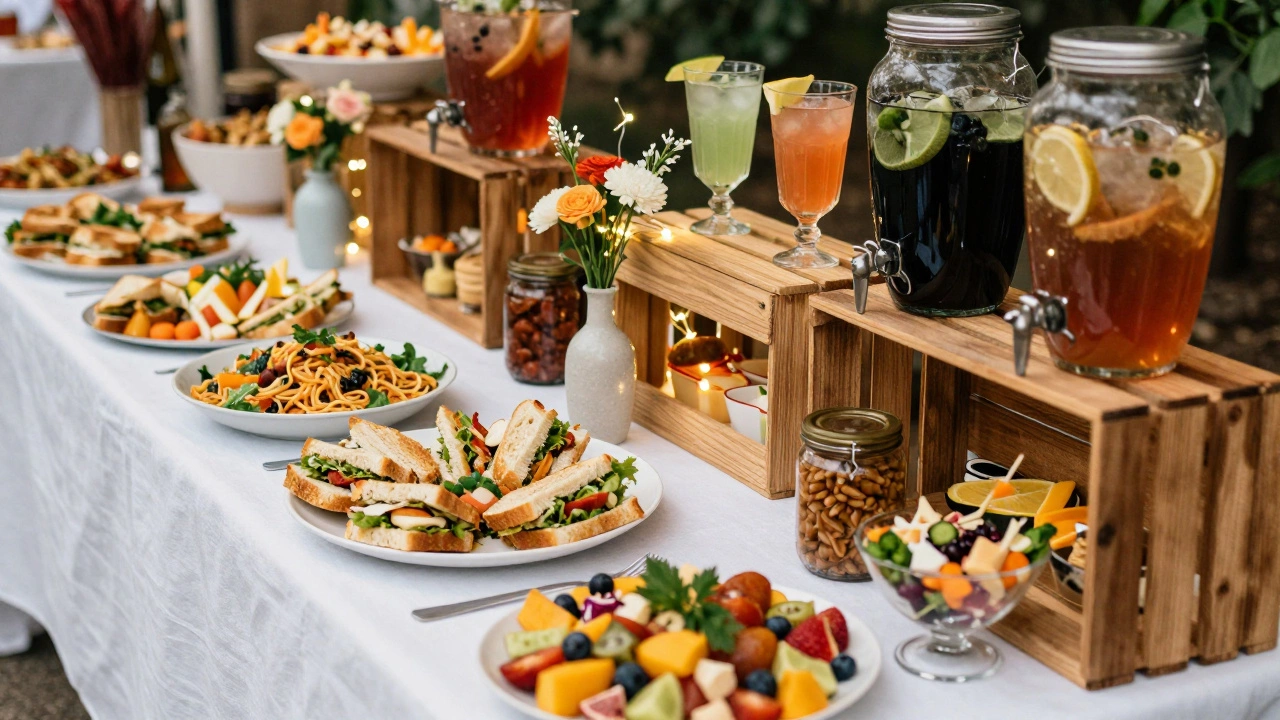 Casual market-style wedding buffet with wooden crates, pasta, and cocktails