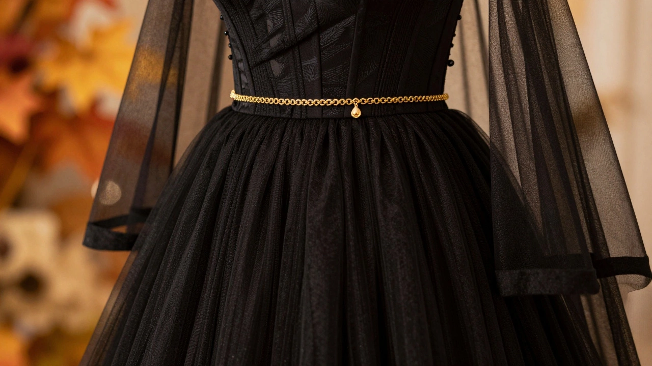 Close-up of black wedding dress details with gold jewelry