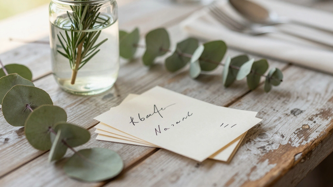 Close up of DIY wedding table accents including herbs, handwritten cards, and greenery.