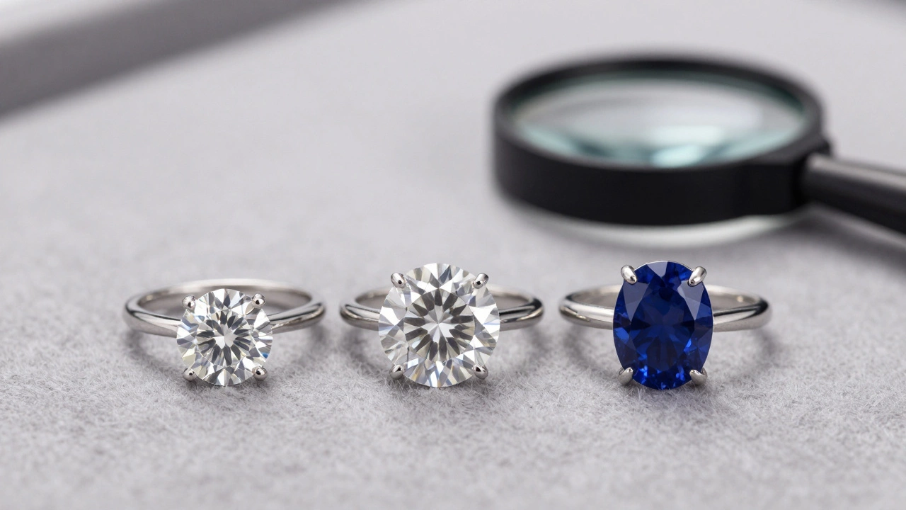 Close-up of three different engagement rings: natural diamond, lab-grown, and sapphire.