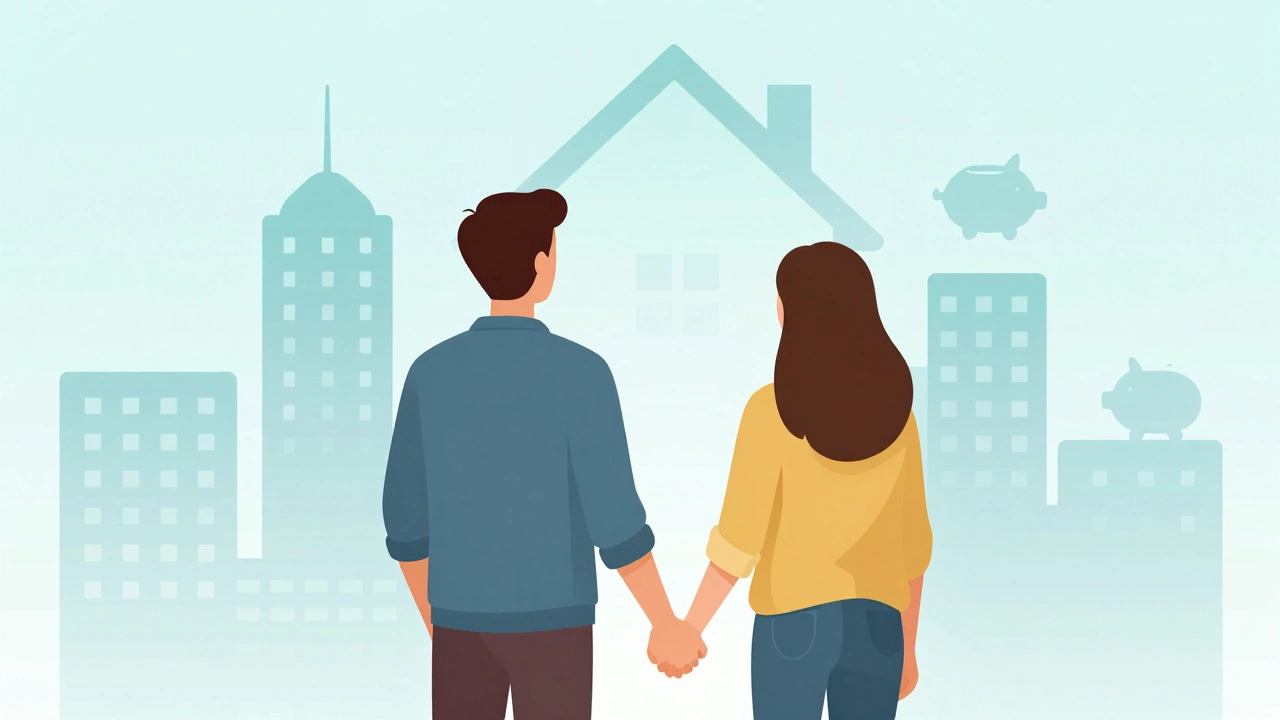 Couple looking at a cityscape, symbolizing shared financial goals and future planning.