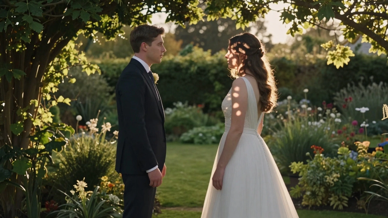 Couple sharing an emotional first look in a sunlit garden before ceremony.